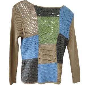 NWT Vintage Crochet Colorblock Boho Retro Sweater Women's Large Tan Blue Green